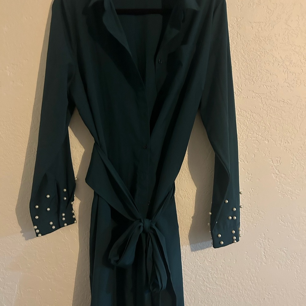 Green Embellished Wrap Dress with Cuffed Long Sleeves
